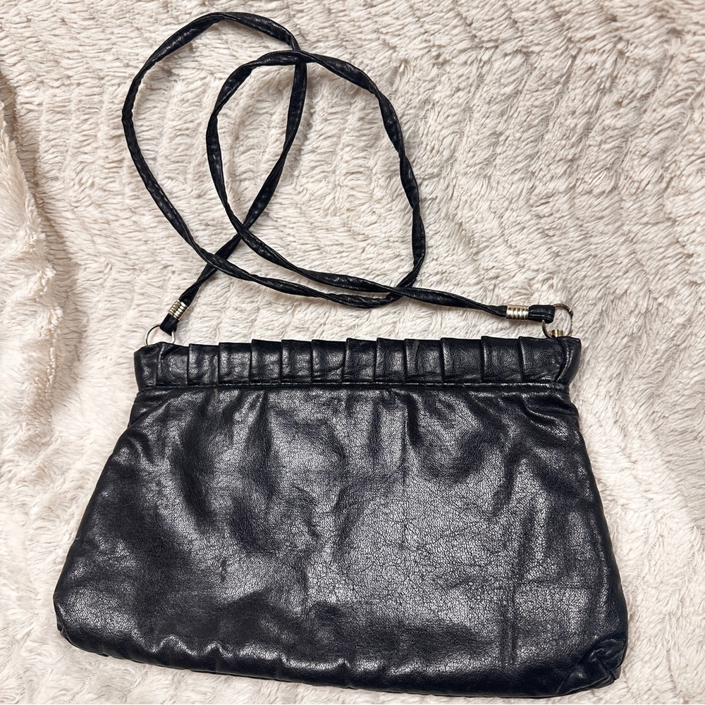 Vintage Chic Black Leather Clutch with strap, Metal inside makes diamond opening